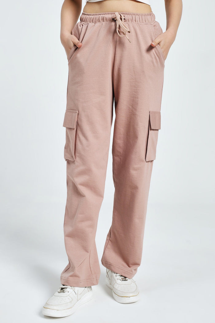 RELAXED FIT COTTON TERRY CARGO PANTS- Pale Pink