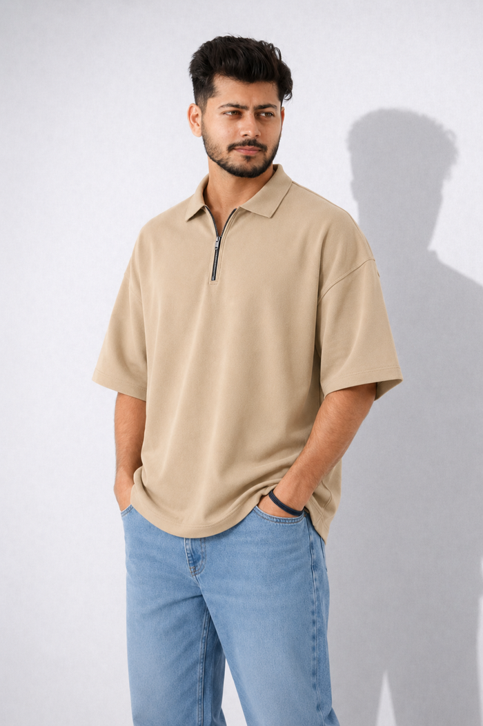 THE EFFORTLESS OVERSIZED POLO COTTON TERRY EDITION- Taupe Beige