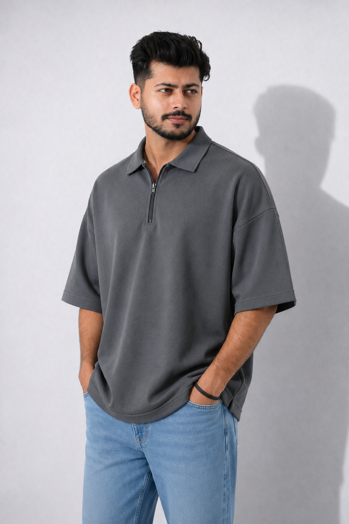 THE EFFORTLESS OVERSIZED POLO COTTON TERRY EDITION- Caviar