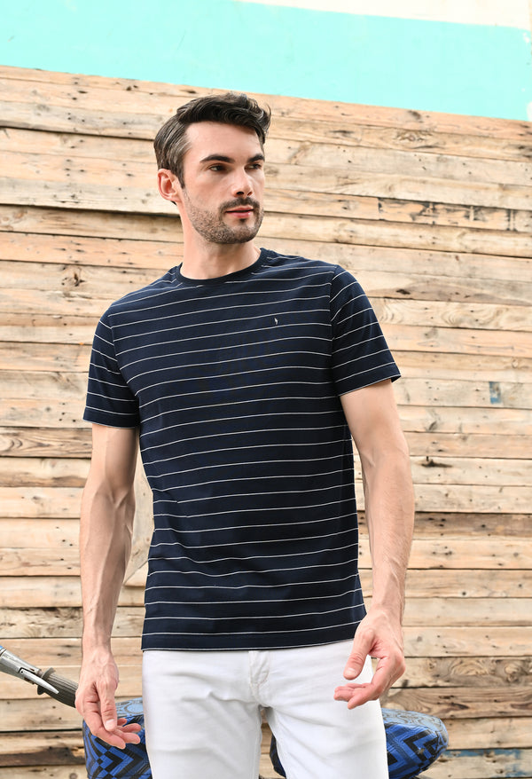 TIMELESS ROUND NECK STRIPES- Navy