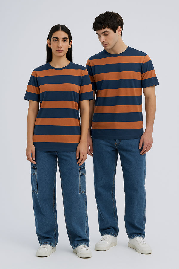 Evergreen Stripes Unisex Round Neck- Navy